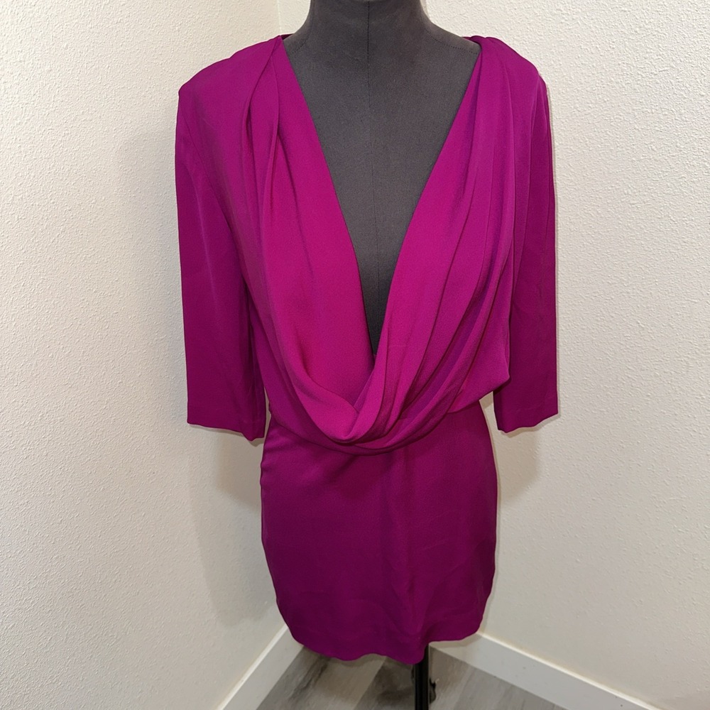 Diane‎ Von furstenberg Fushia Silk Mini Dress Draped Cowl Neck  3/4 Sleeve Sz 0